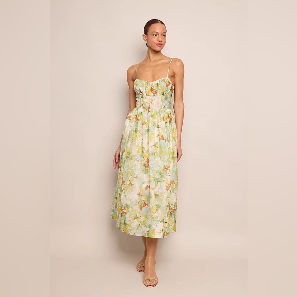 Cara Cara Floral Midi Dress in Green and Yellow